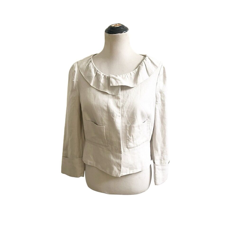 Anthropologie Elevenses 100% Linen Jacket Cropped Light Tan Ruffled Collar 12